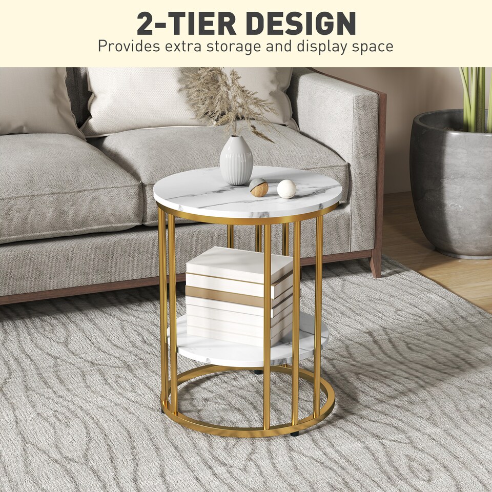 image 1 of HOMCOM Round Coffee Table Set of 2, Marble-Effect Side Tables with Storage Open Shelf and Steel Frame for Living Room, Bedroom, Gold Tone | Gold
