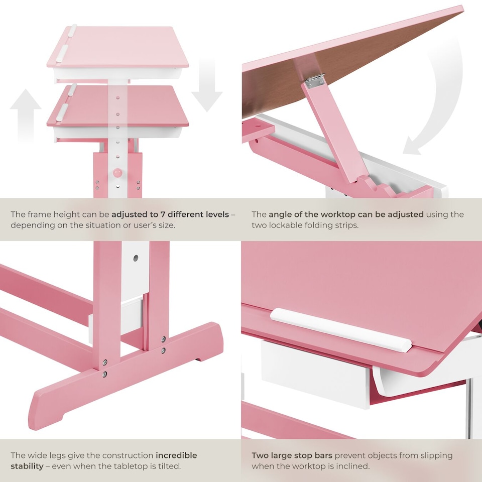 image 1 of Desk - for children, wooden, tiltable tabletop, 7 height settings, with drawer | Pink | pink | 109 x 55 x 94 cm | 1
