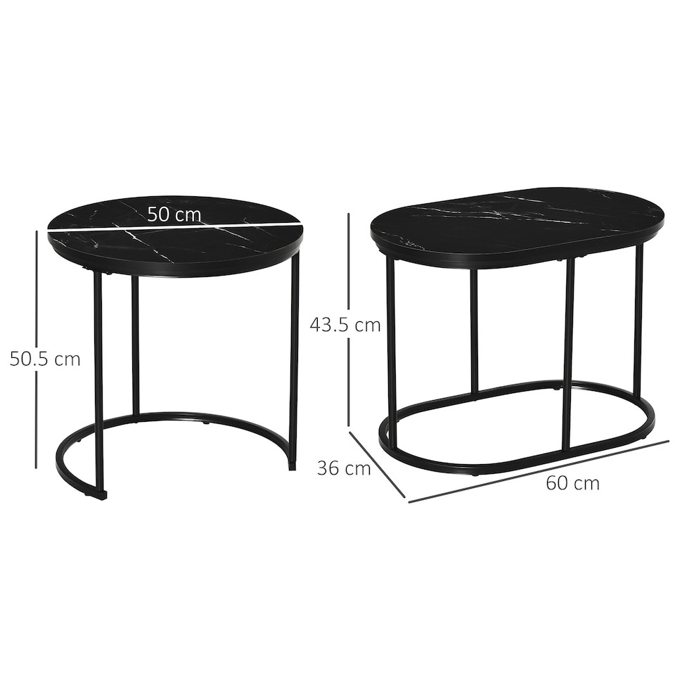 image 1 of HOMCOM Modern Coffee Table Set of 2, Nest of Tables with Steel Frame and Faux Marble Tabletop, Side Tables for Living Room Bedroom, Black