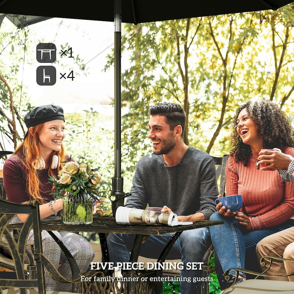 image 1 of Outsunny 5 Pieces Cast Aluminium Garden Dining Set with Parasol Hole Bronze