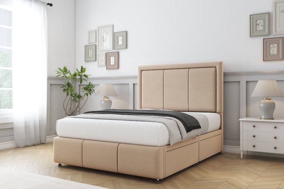 image 1 of Sloomy Lancaster Pebble Plush Divan Bed With Mattress 2 Drawers Right Side With 26" Strutted Headboard & 12" Matching Footboard 6' Super King | Brown | Pebble | Super King | 1
