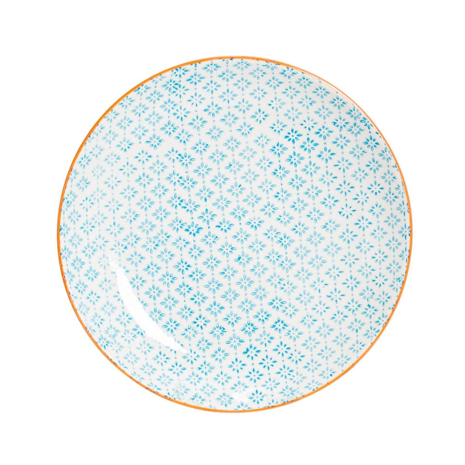 image 1 of Nicola Spring 6x Hand-Printed Dinner Plates - 25.5cm - Blue Stoneware Decorative Patterned Dining Dish Plates