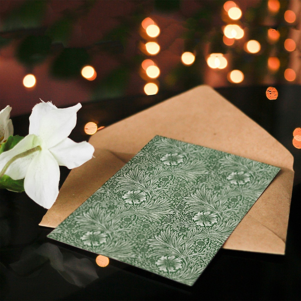 image 1 of William Morris Art Card Marigold Flower Green Pattern