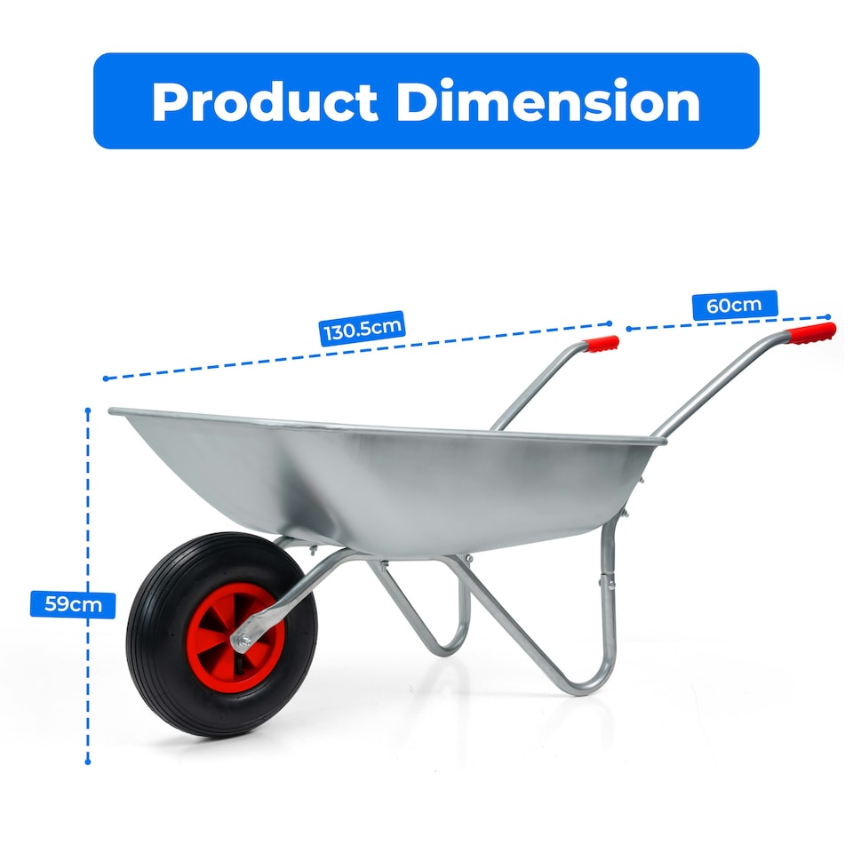 image 1 of Heavy Duty 65L Galvanised Metal Wheelbarrow Home Garden Cart or Tyre - 100Kg