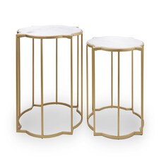 Interiors by Premier Set Of 2 Tables With Quatrefoil Top, Brass Finish Bedside Table, Sleek Gold Metallic Nesting Table White