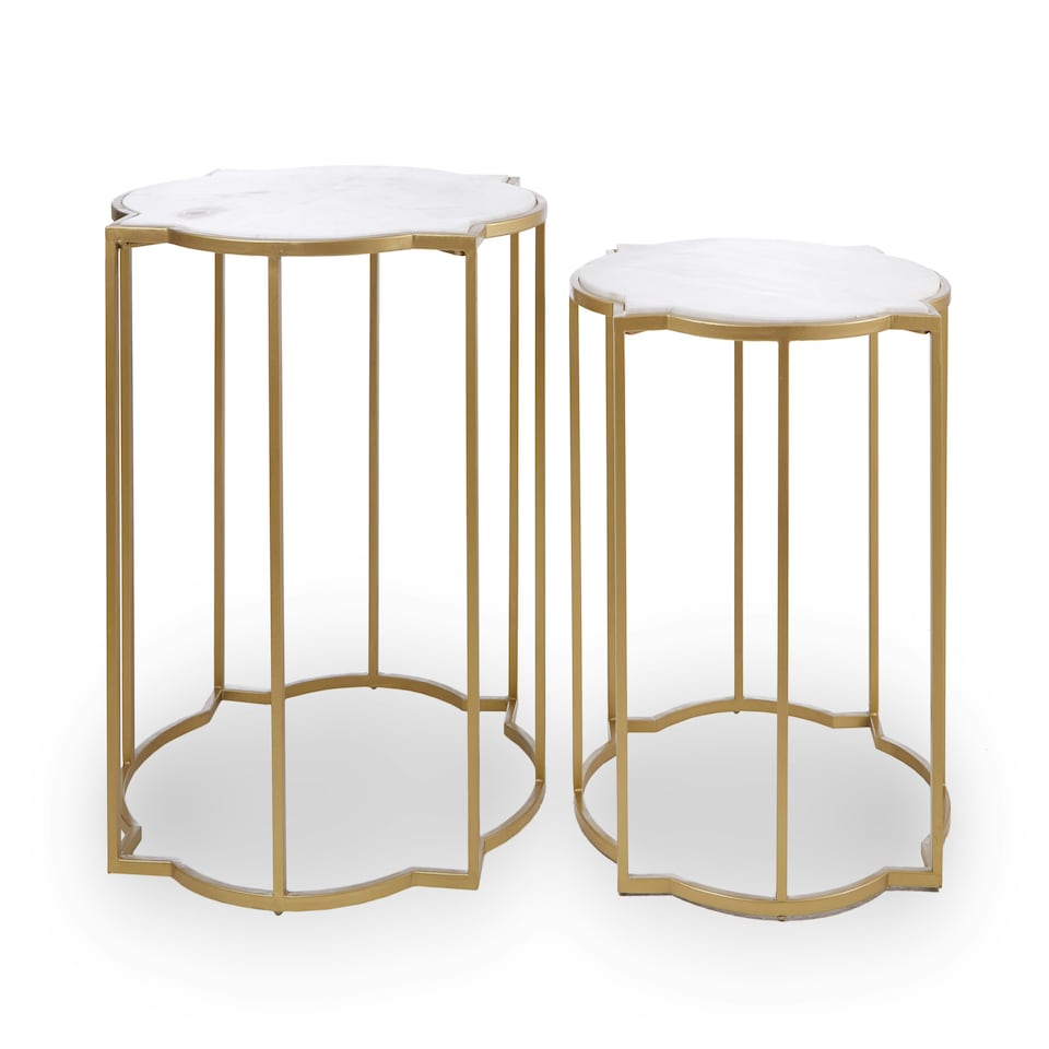 image 1 of Interiors by Premier Set Of 2 Tables With Quatrefoil Top, Brass Finish Bedside Table, Sleek Gold Metallic Nesting Table White