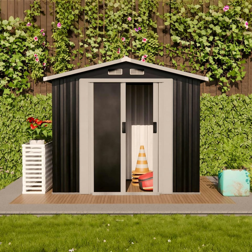 image 1 of Alivio Metal Garden Storage Shed With Weather Protection and Double Sliding Lockable Doors (Black) Black