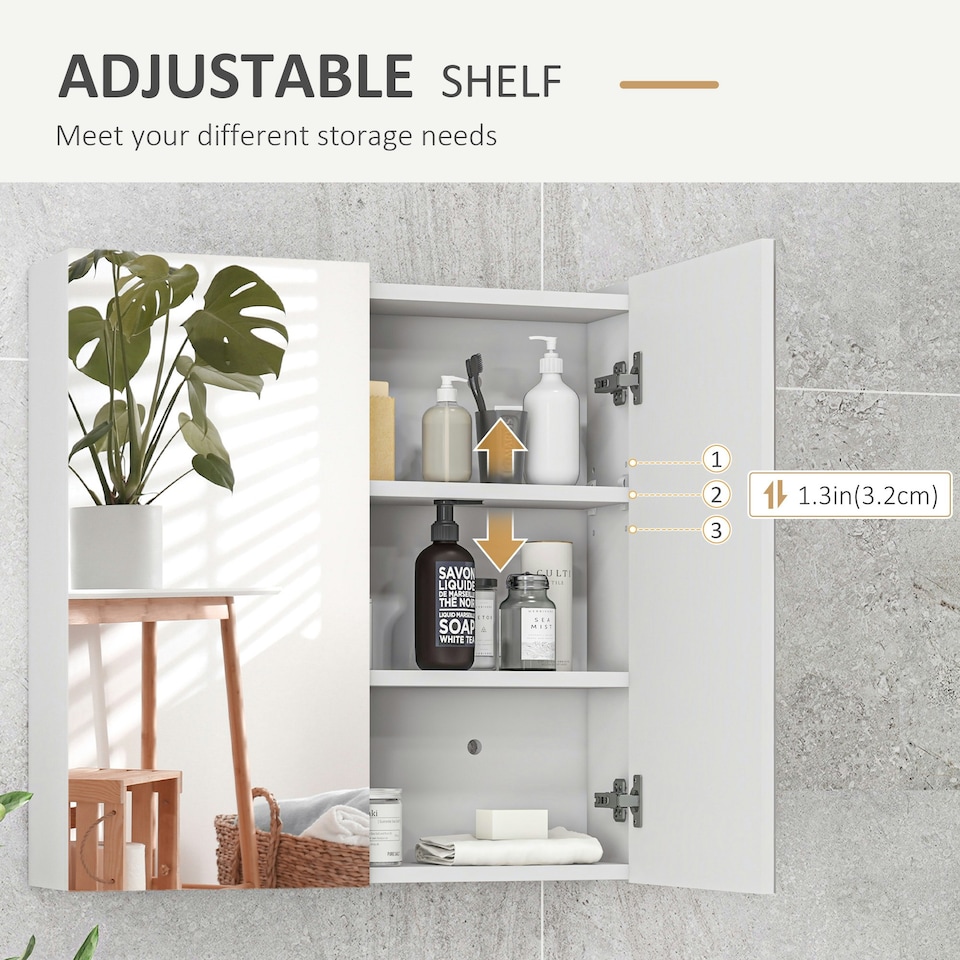 image 1 of kleankin Wall Mounted Bathroom Storage Cupboard W/ Mirror and Shelf, White