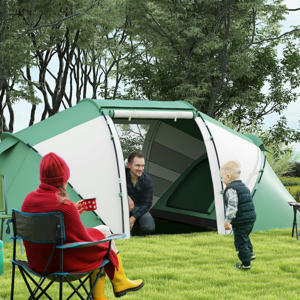 image 1 of Outsunny 4-6 Persons Camping Tent Dome Family Travel Group Hiking Room Fishing Green | Green and White