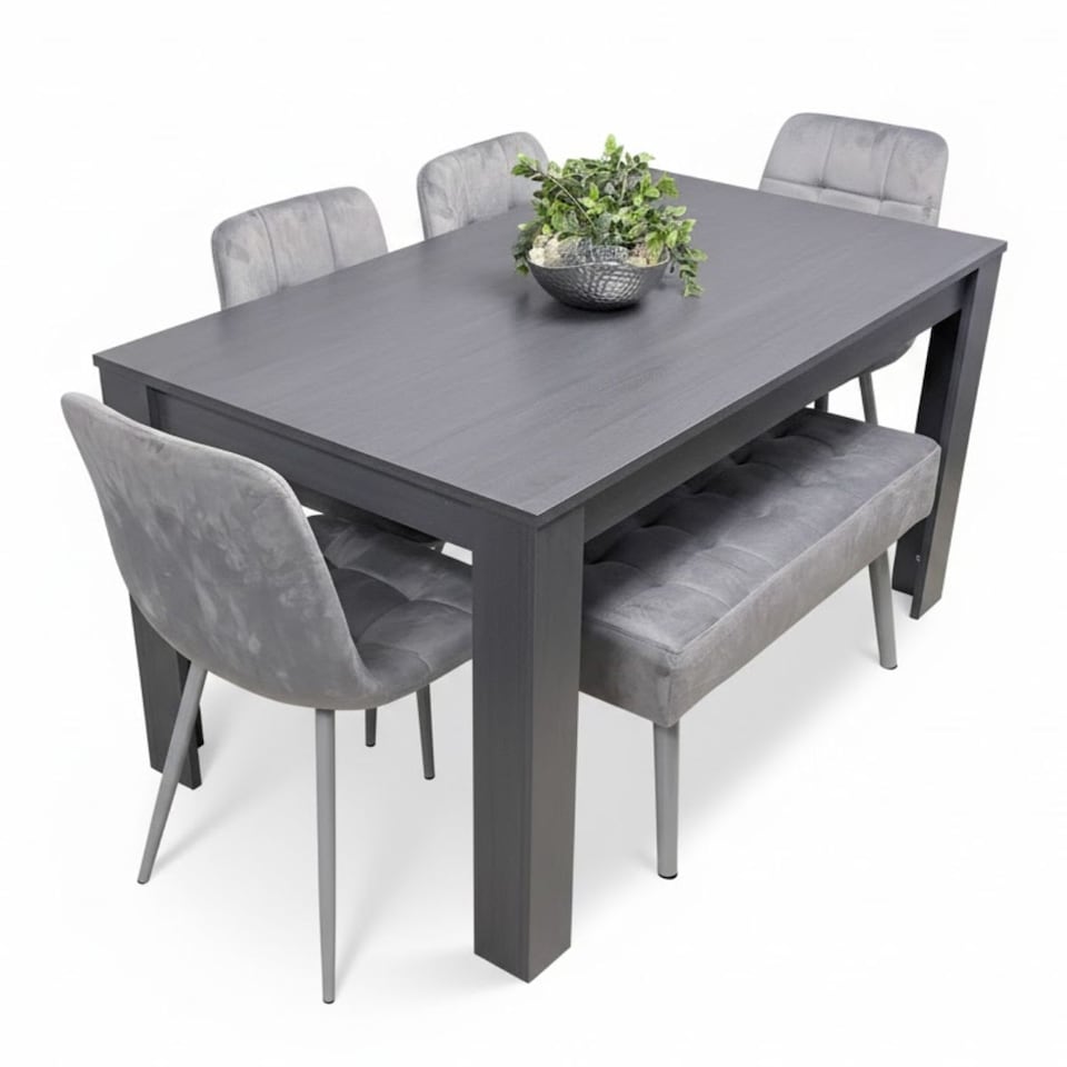 image 1 of Dining Table Set with Bench and 4 Grey Velvet Chairs Dark Grey Wood