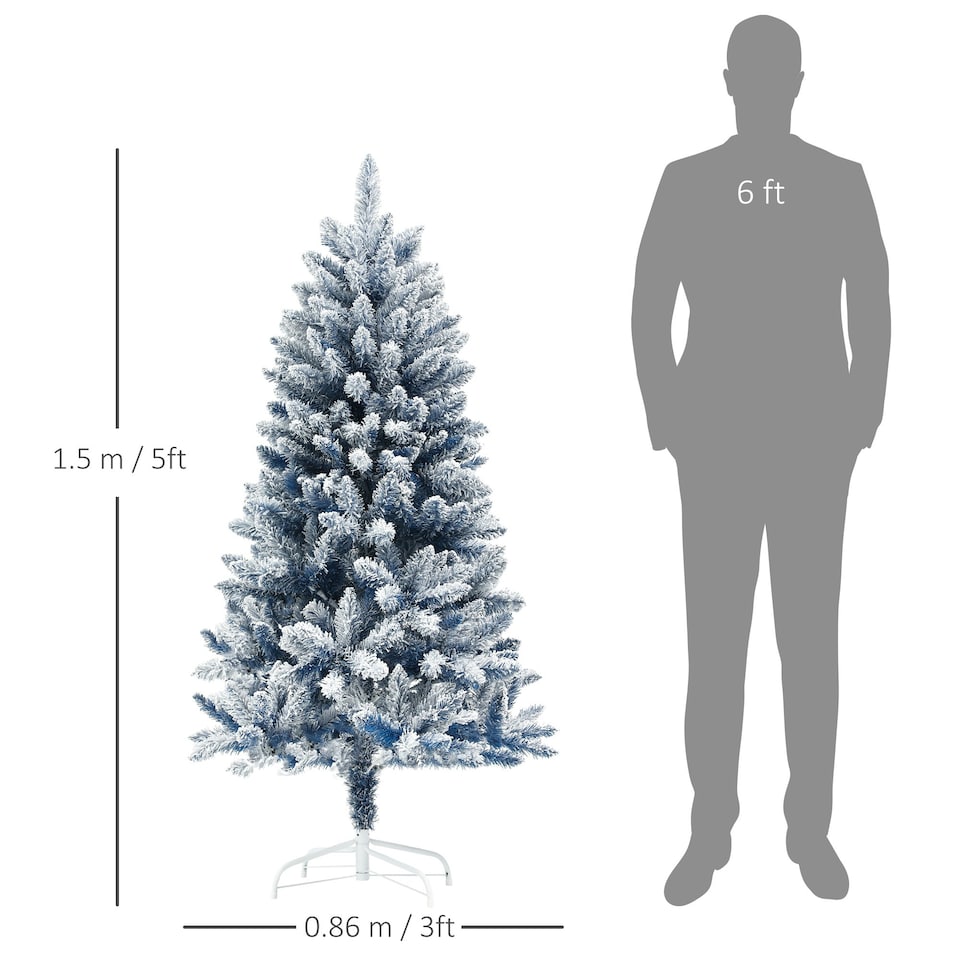 image 1 of HOMCOM 5 Foot Artificial Blue Snow Flocked Christmas Tree with Hinged Branches