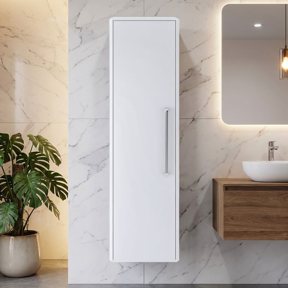 image 1 of Balterley Contemporary Bathroom Wall Hung Single Soft Close Door Tall Storage Unit with 2 Shelves, Pure White, 1200 x 350 x 250mm