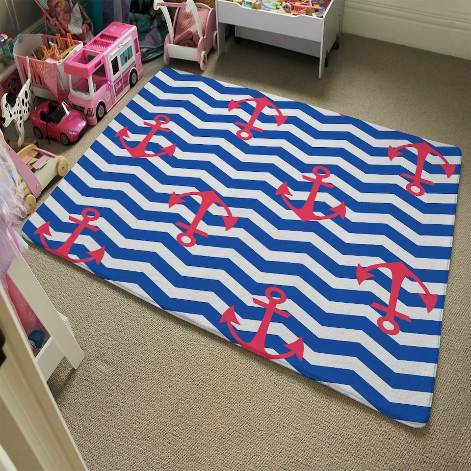 image 1 of Anchors on Zig Zag Stripes (Rug) Blue | Small: 60x110cm