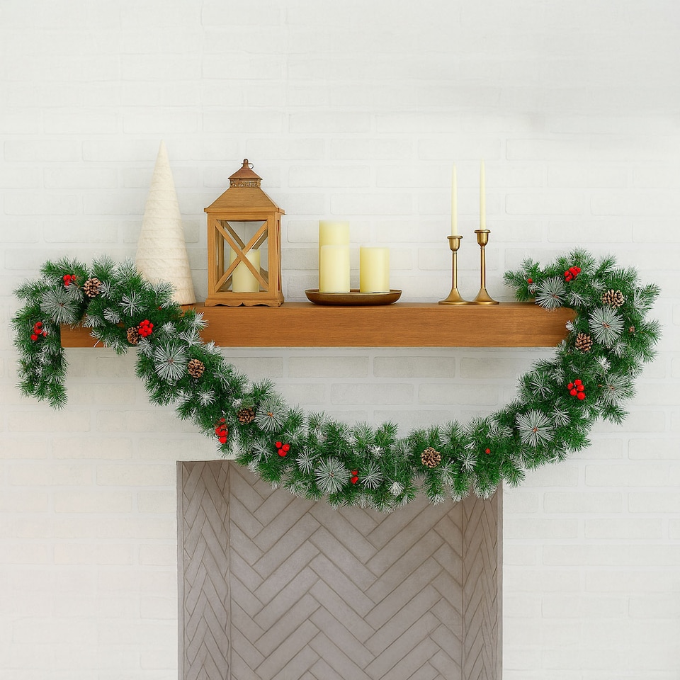 image 1 of Neo 2m Artificial Green Christmas Garland Lush Evergreen Holiday Decoration Reusable Festive Wreath Trim for Mantel, Staircase & Outdoor Use | Green | Green Red