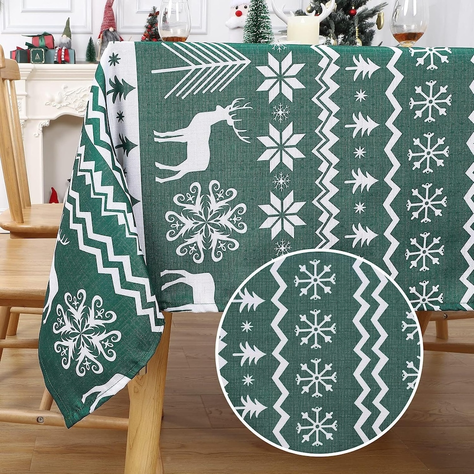 image 1 of London Boutique Christmas Tablecloth, Water‑Resistant, Boho Snowflake and Reindeer Print, Green, 52 x 52 in