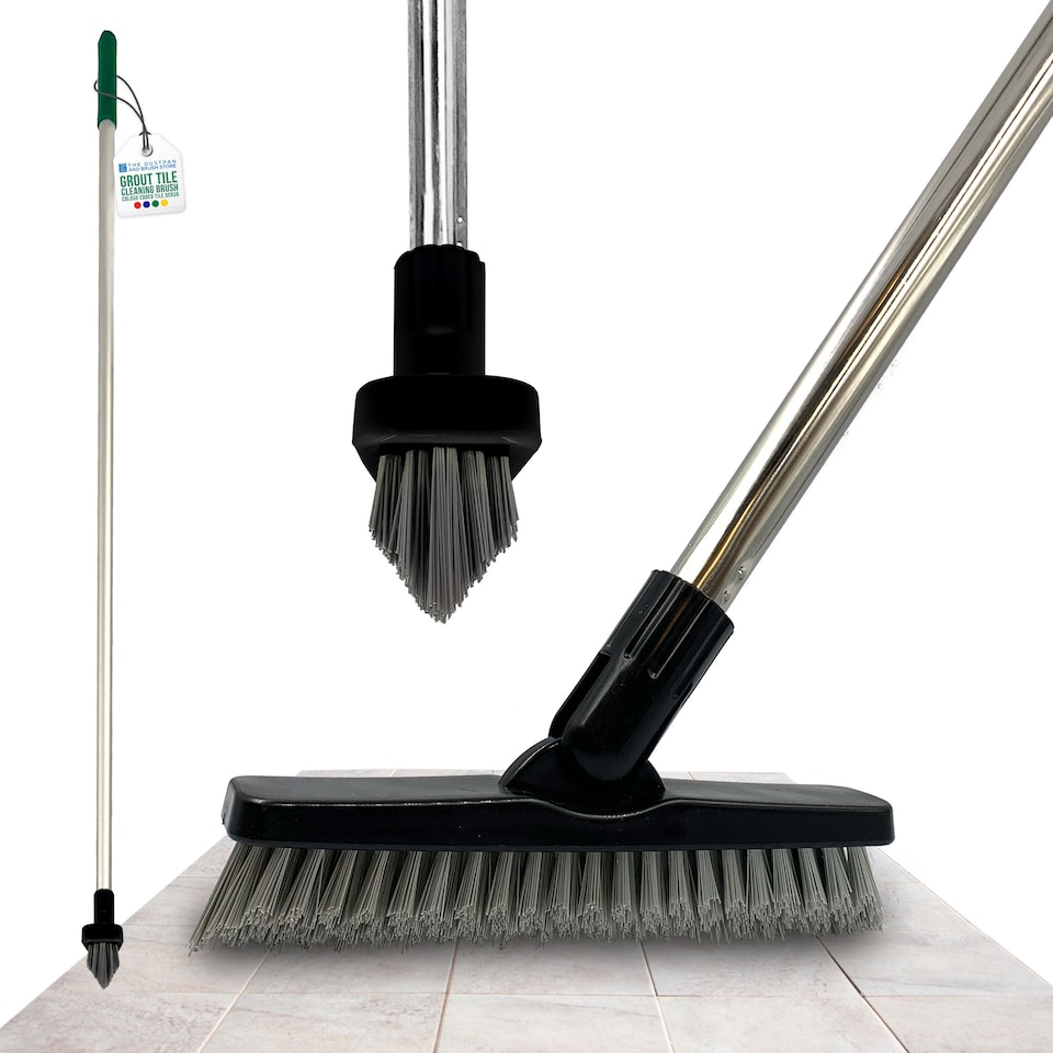 image 1 of Colour-Coded Angled Grout Brush with Handle 180° Swivel Tile & Corner Scrubber
