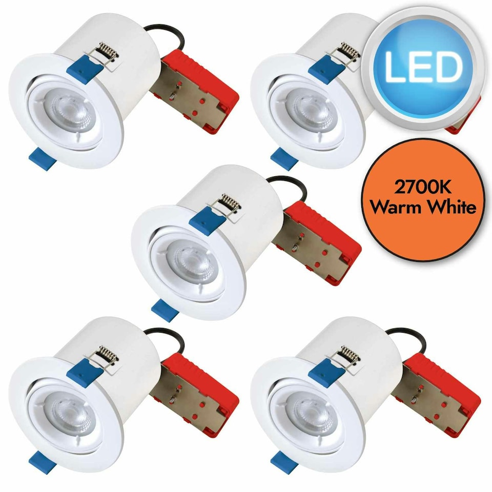 image 1 of First Choice Lighting Set of 5 White Fire Rated Tilt Recessed Ceiling Downlights with Warm White LED Bulbs White