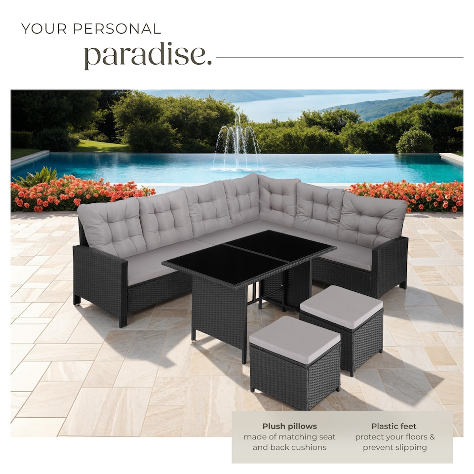 image 1 of 8 Seater Garden Furniture Set Barletta with Cushions, Footstools and Table | Black | black | 116,50 x 63 x 75 cm | 1