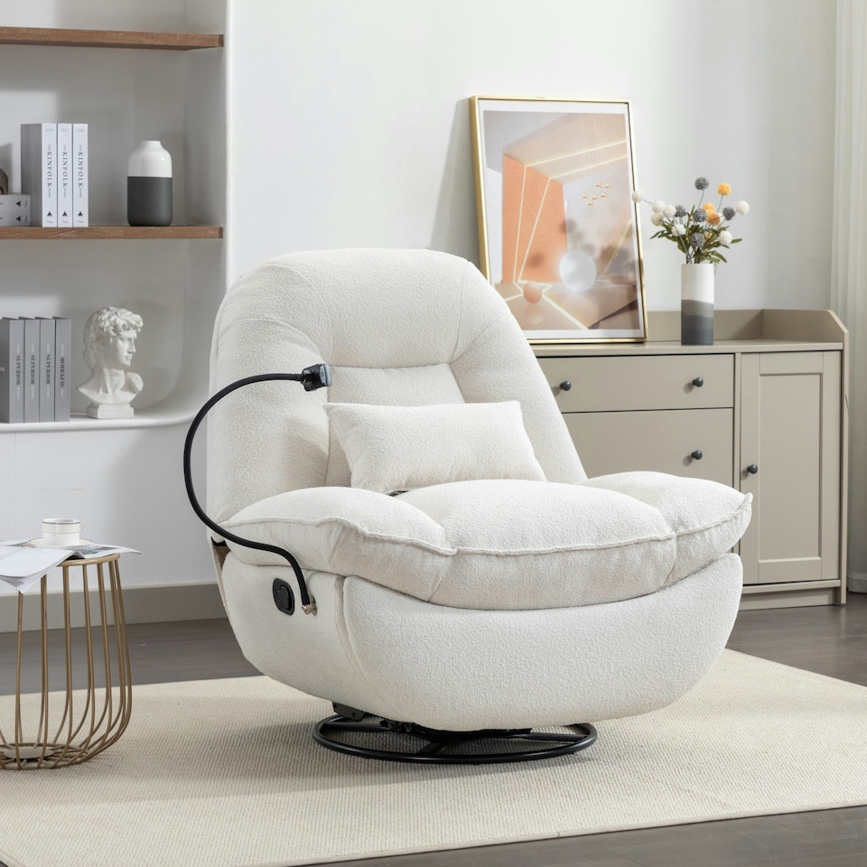 image 1 of Fallon Boucle Fabric Swivel Based Recliner Chair - Cream
