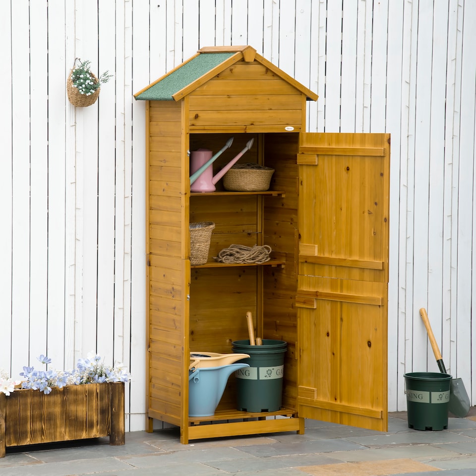 image 1 of Outsunny Wooden Garden Storage Shed Utility Gardener Cabinet w 3 Shelves, Tiltedfelt Roof and Two Lockable Doors, 79cm x 49cm x 191.5cm, Natural wood effect