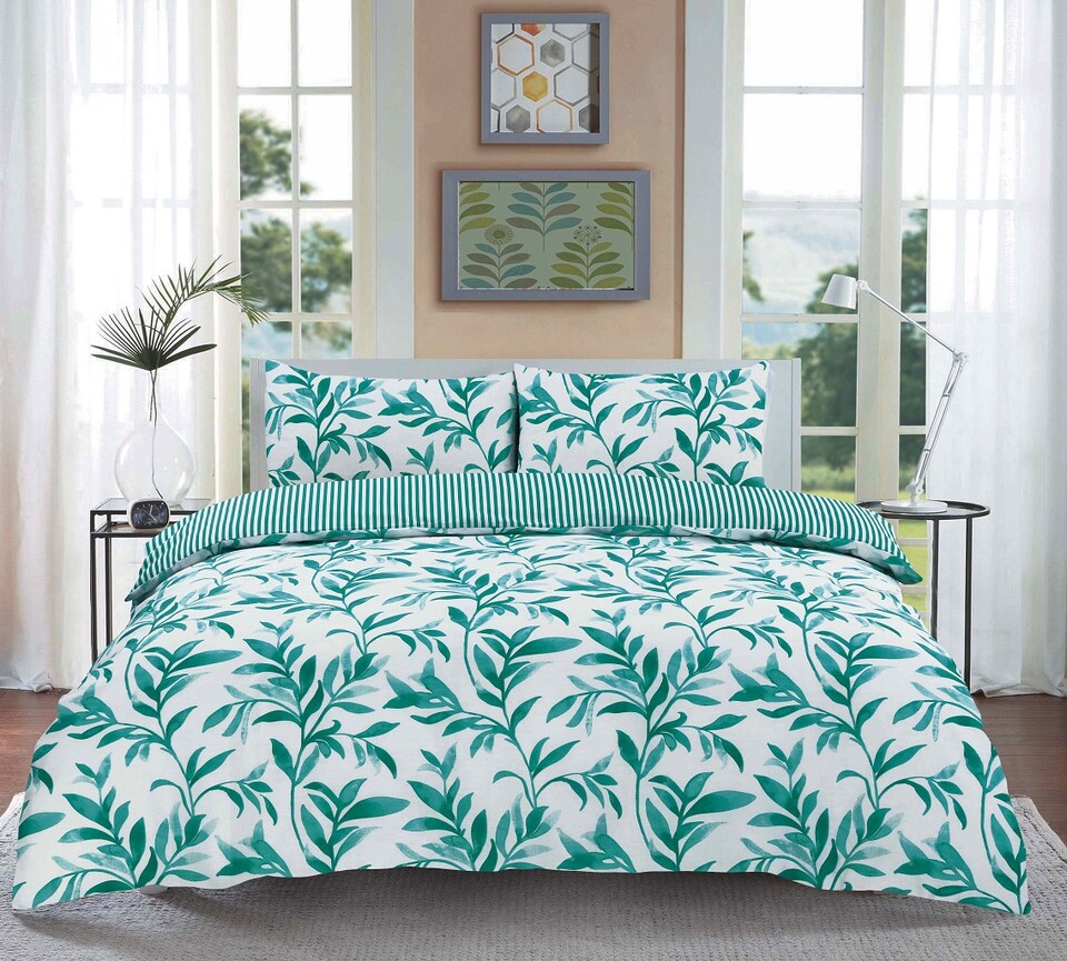 image 1 of Homes Linen Ellie Teal Leaf Floral Duvet Cover Set Reversible Printed Quilt Cover Luxury Easy Care Bedding | Clear | Teal | Single