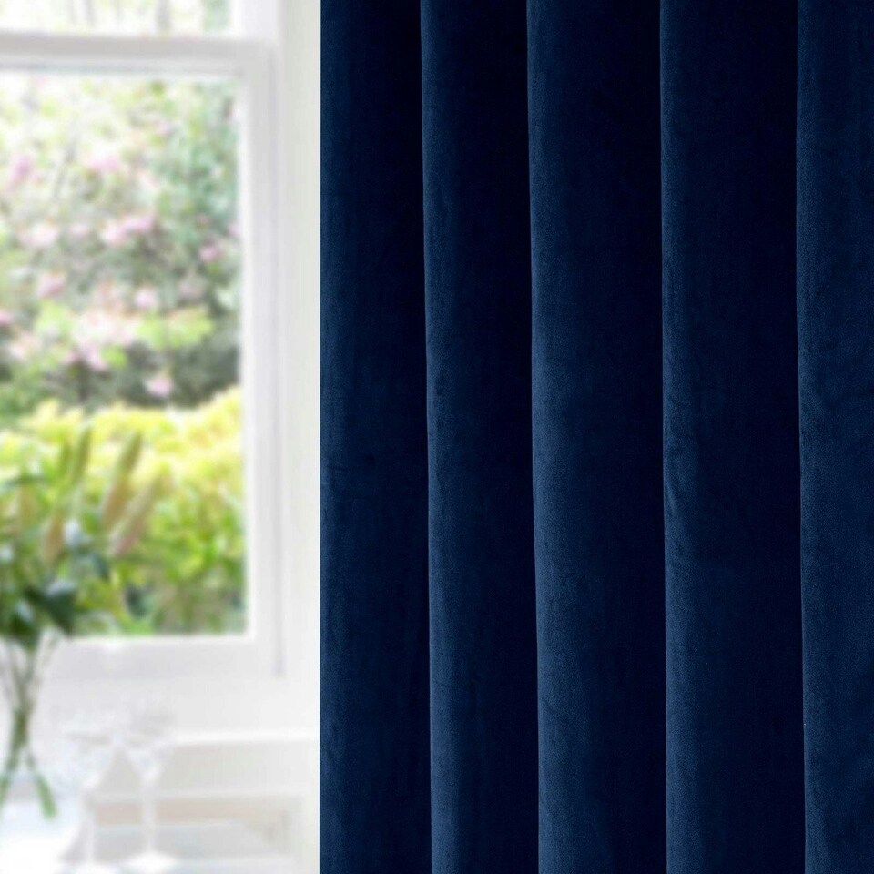 image 1 of Homescapes Thermal 100% Blackout Navy Velvet Curtains - 46 x 54" Blue