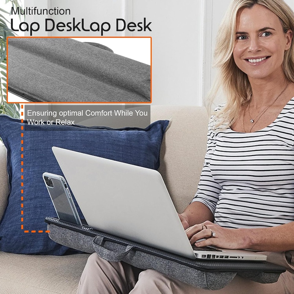 image 1 of Lap Desk Laptop Tray with Cushion Portable Notebook Tablet Computer Table Stand Mouse Pad, Phone Slot, Wrist Rest, For Sofa & Bed