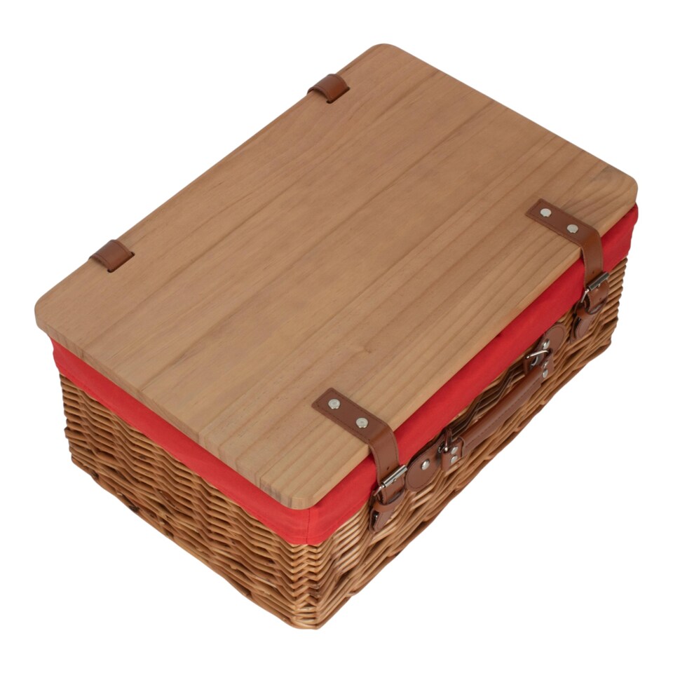 image 1 of 36cm Double Steamed Red Lined Willow Empty Picnic Basket with Pinewood Lid | Brown | Brown | S | 1