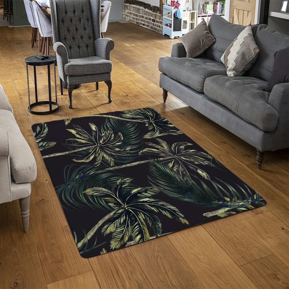 image 1 of Green Palm on Black (Rug) Green | Medium: 80x150cm