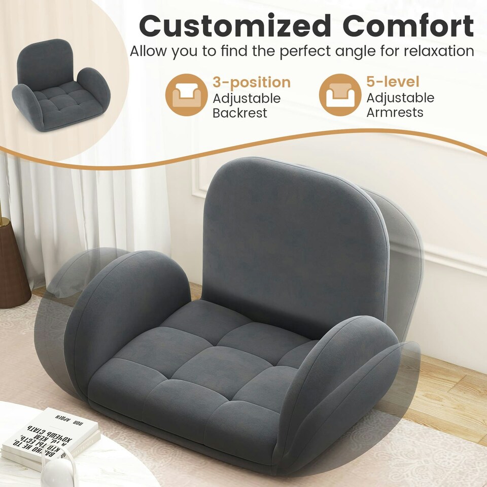 image 1 of COSTWAY Folding Floor Game Chair Adults Lazy Sofa Chair Grey