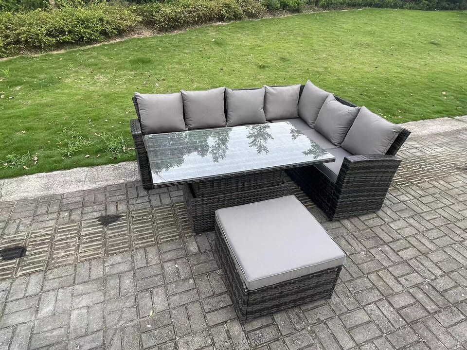 image 1 of Fimous 7 Seater Outdoor Rattan High Back Adjustable Rising Lifting Dining Table Corner Sofa Set Garden Furniture Dark Grey Mixed Right Hand