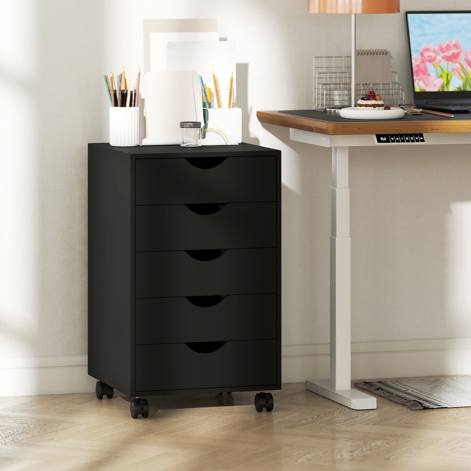 image 1 of HOMCOM 5 Drawer Filing Cabinet, Vertical Under Desk File Storage with Wheels for Home Office, Black