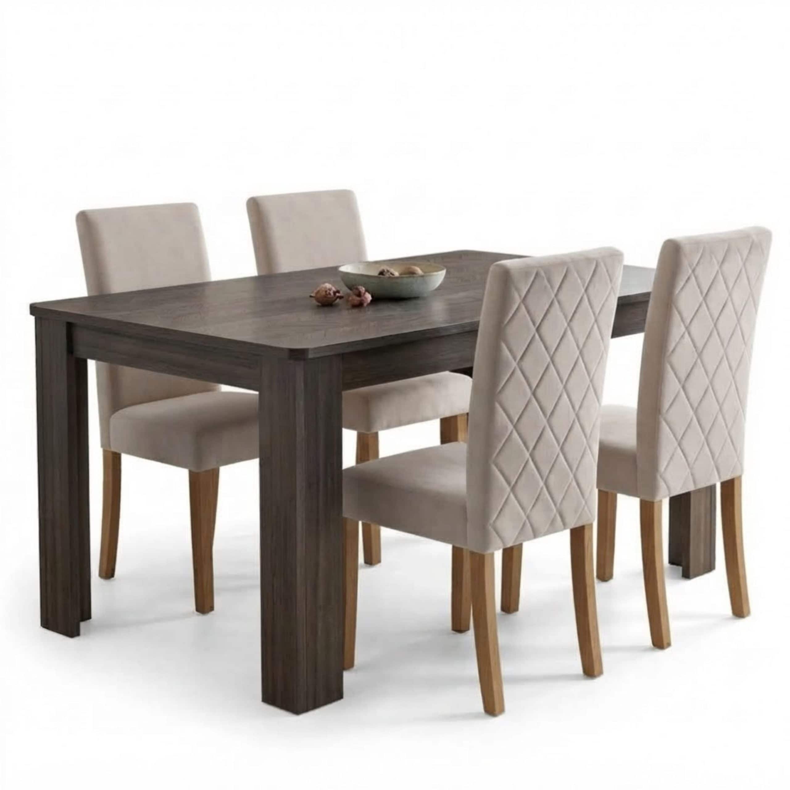 Dining Room Set with Arrow Charcoal Table and 4 Cream Diamond Stitch Velvet Chairs with Wooden Legs