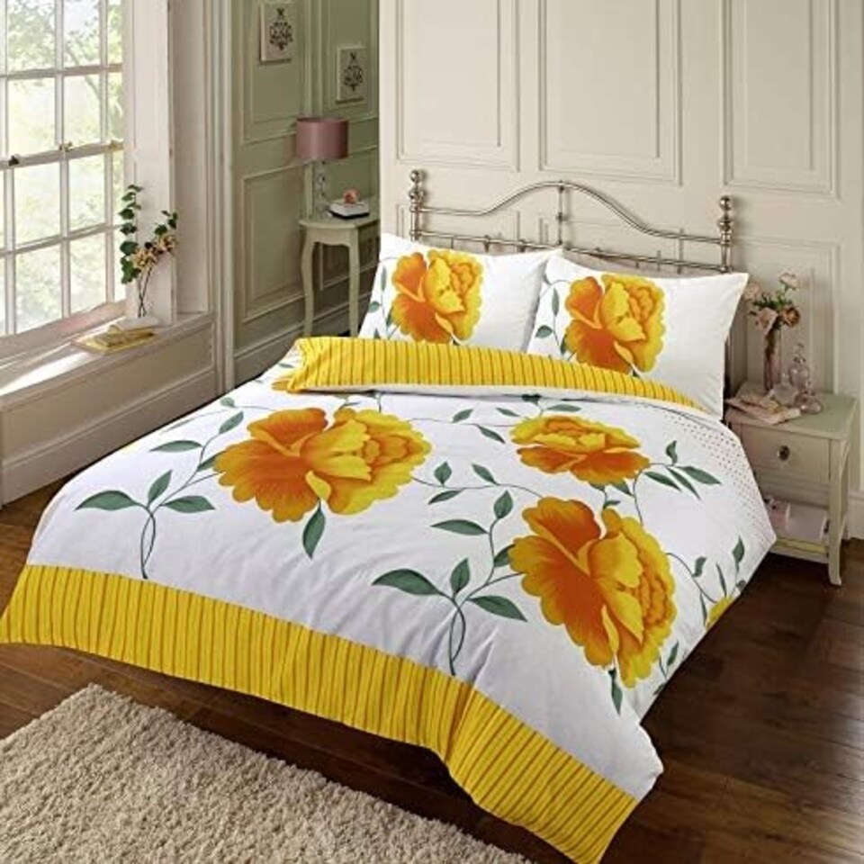 image 1 of Luxury Floral Rosaleen Printed Flowers Easy Care Duvet Cover Set Yellow | Super King