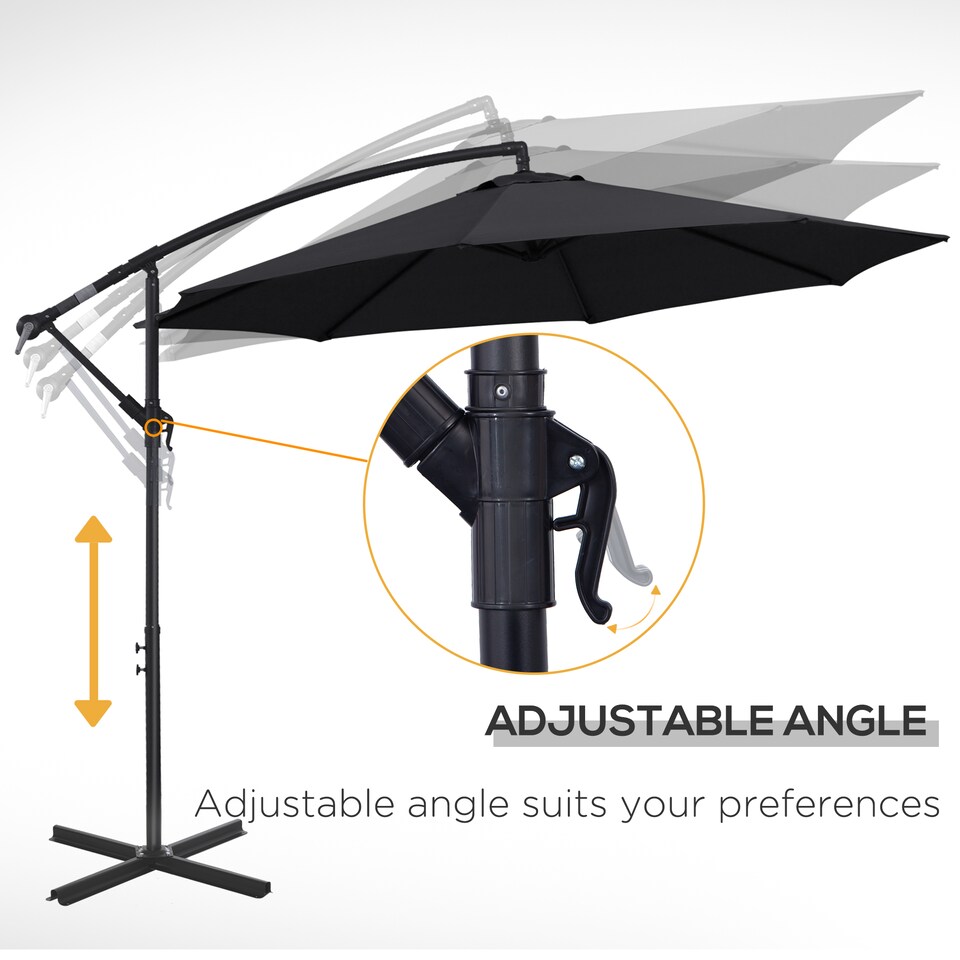 image 1 of Outsunny 3m Garden Banana Parasol Hanging Cantilever Umbrella with Crank Handle, 8 Ribs and Cross Base for Outdoor, Sun Shade, Black