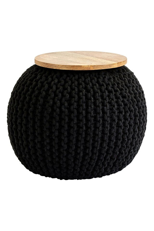 image 1 of Comfortable Black Woven Pouffe, Plump Round Body Pouffe For Bedroom, Chunky Pattern Pouffe For Livingroom | Black