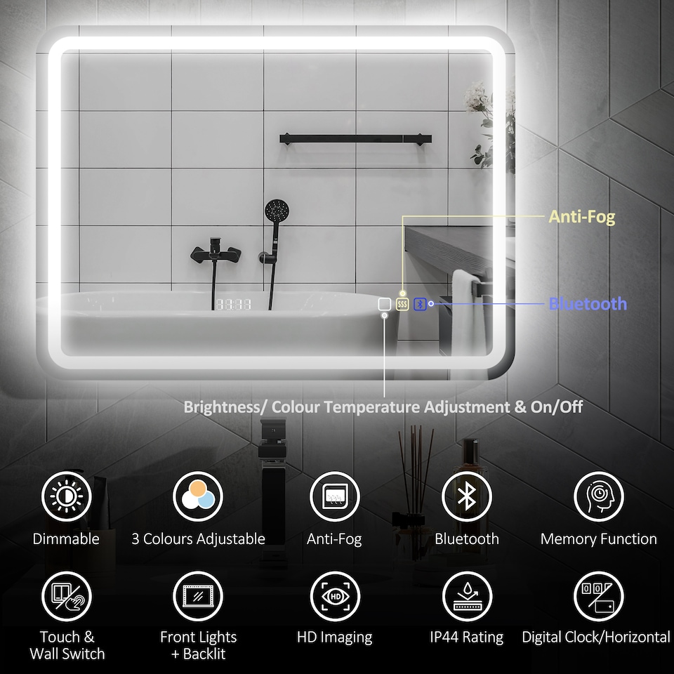 image 1 of HOMCOM 600  800 mm Bluetooth Bathroom Mirror with LED Lights, Illuminated Backlit Wall Mounted Vanity Mirror with 3 Colours Dimmable, Clock, Anti-Fog, Memory Touch Switch, IP44 | Silver | 1