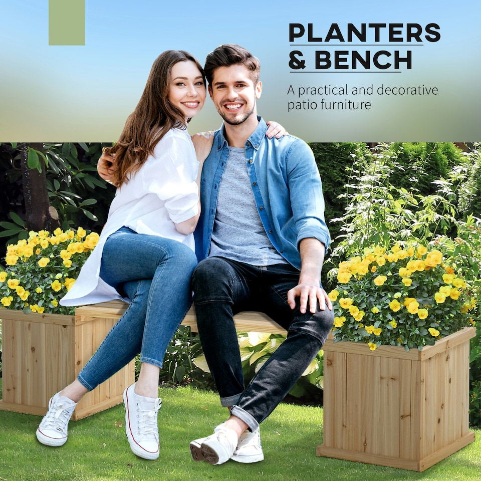image 1 of Outsunny Wooden Garden Planter & Bench Combination Garden Raised Bed Natural