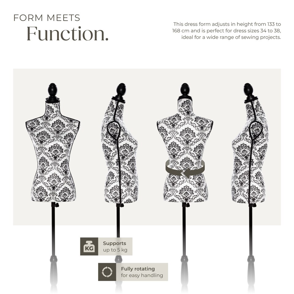 image 1 of Tailors Dummy - female mannequin torso with wooden stand | Black | black/white floral pattern | Female | 1