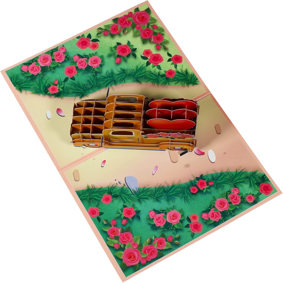image 1 of Yellow Vintage Truck with Heart and Roses 3D Pop Up Greeting Card