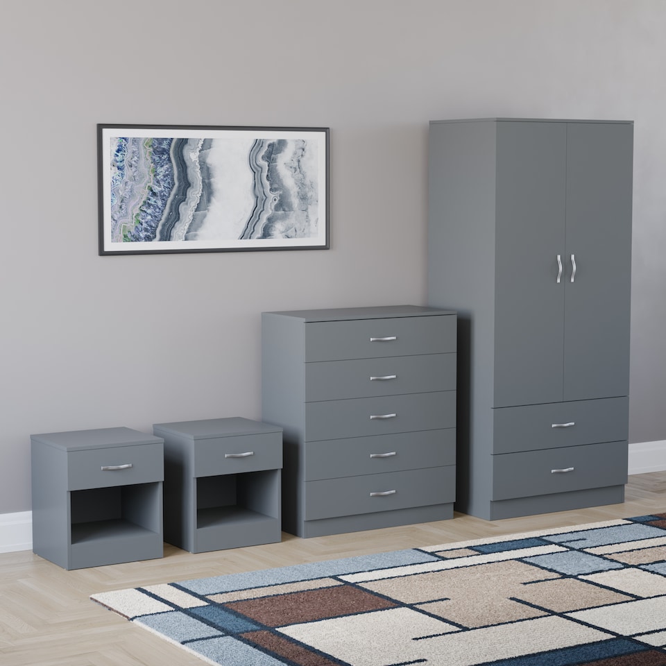 image 1 of Vida Designs Riano 4 Piece Bedroom Set (1 Drawer Bedside Chest, 5 Drawer Chest, 2 Door 2 Drawer Wardrobe), Grey (5)