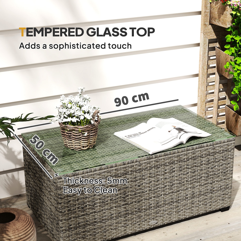 image 1 of Outsunny Outdoor Coffee Table, Glass Top Rattan Side Table, Dark Grey