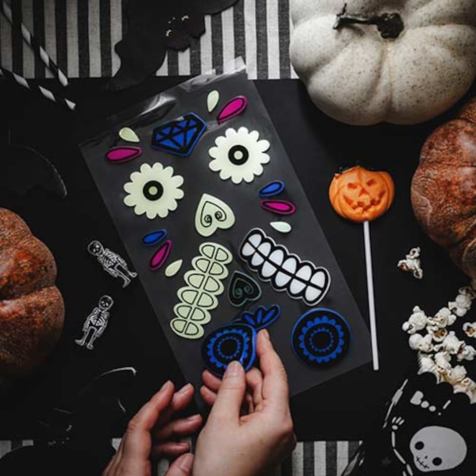 image 1 of Glow in the Dark Day of the Dead Halloween Pumpkin Gel Stickers - Pack of 2