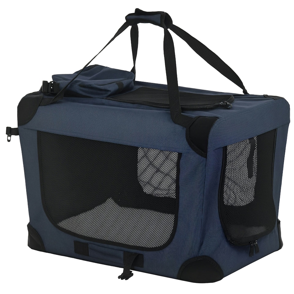image 1 of PawHut Folding Pet Carrier Bag House W/ Cushion Storage, Dark Blue 60x41.5x41cm