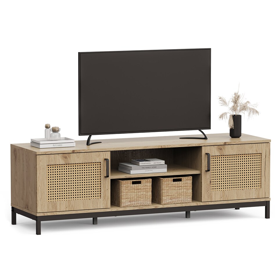 image 1 of Vonhaus Lena Rattan Effect TV Stand with 2 Open Shelves for Living Room