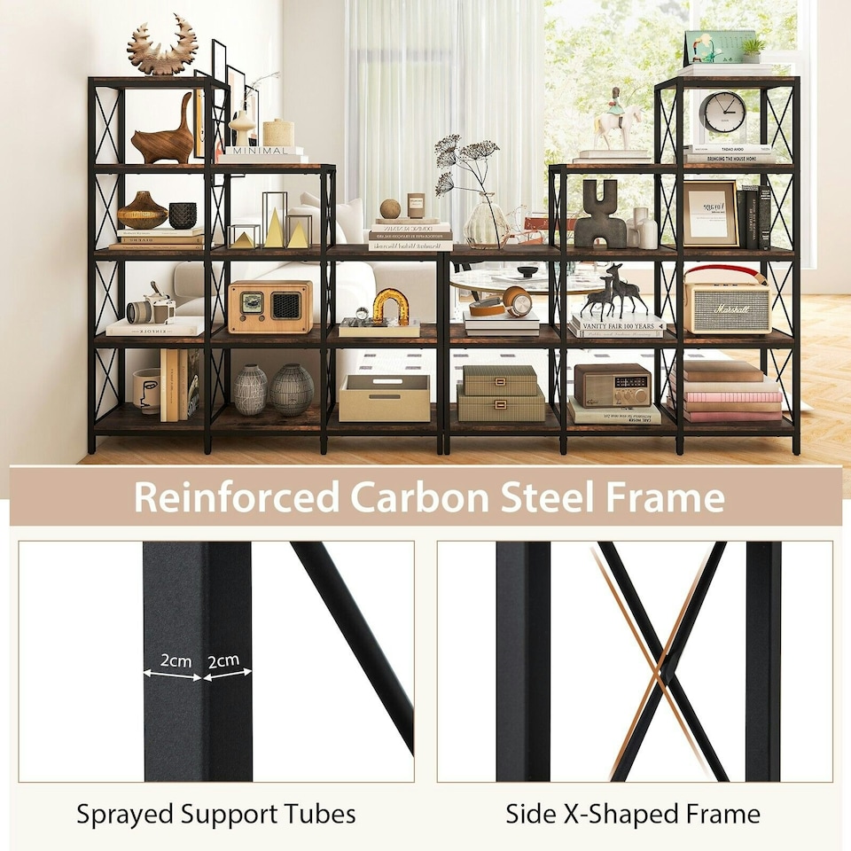 image 1 of COSTWAY Wooden 9 Cube Bookcase 5 Tier Bookshelf Anti-toppling Brown