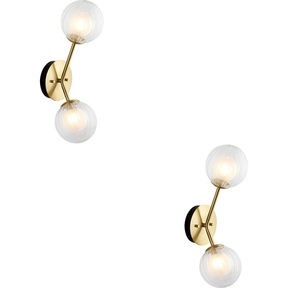 2 PACK Satin Brass Dimmable Wall Light - 2x Dome Ribbed Glass Shade - 2x 3W LED G9