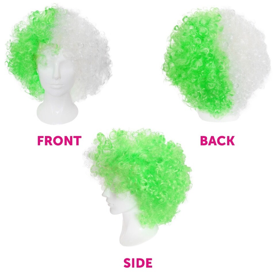 image 1 of Supporters Green and White Curly Wig | Green | 6