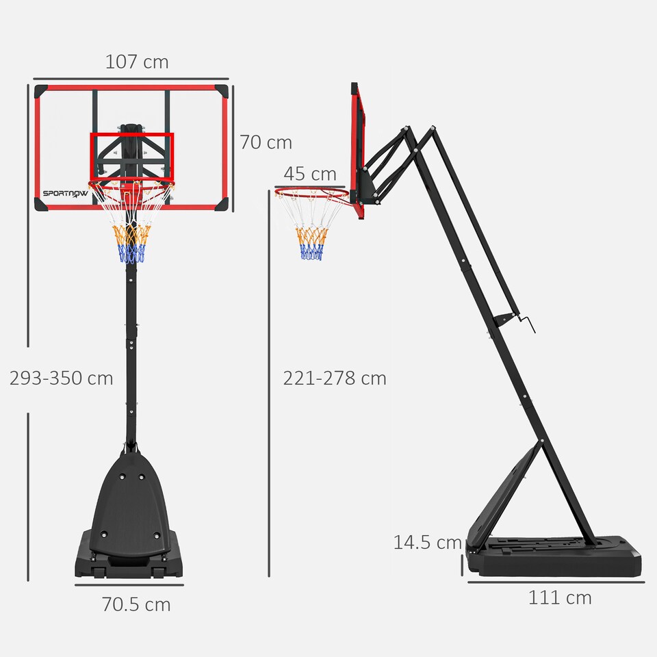 image 1 of SPORTNOW Adjustable Basketball Hoop with Weighted Base, 2.4-2.9m, Red
