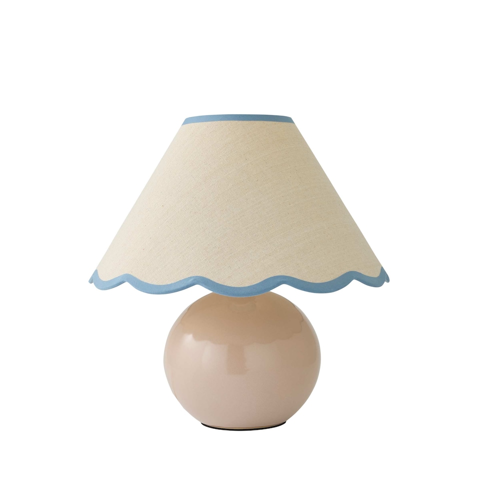 image 1 of ValueLights Bosco Natural Stone Globe Ceramic Table Lamp with Linen Blue Trim Scallop Lamp Shade